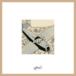 TINTIN & LES CIGARES DU PHARAON - AVION - LITHOGRAPHIE + CADRE BOIS BEIGE