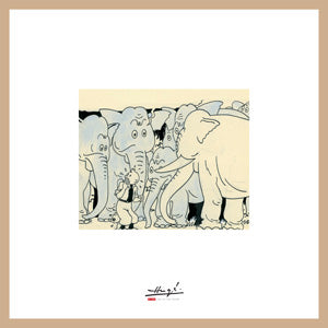 TINTIN & LES CIGARES DU PHARAON - ELEPHANTS - LITHOGRAPHIE + CADRE BOIS BEIGE