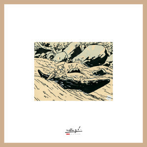 TINTIN - L'OREILLE CASSEE - LITHOGRAPHIE + CADRE BOIS BEIGE