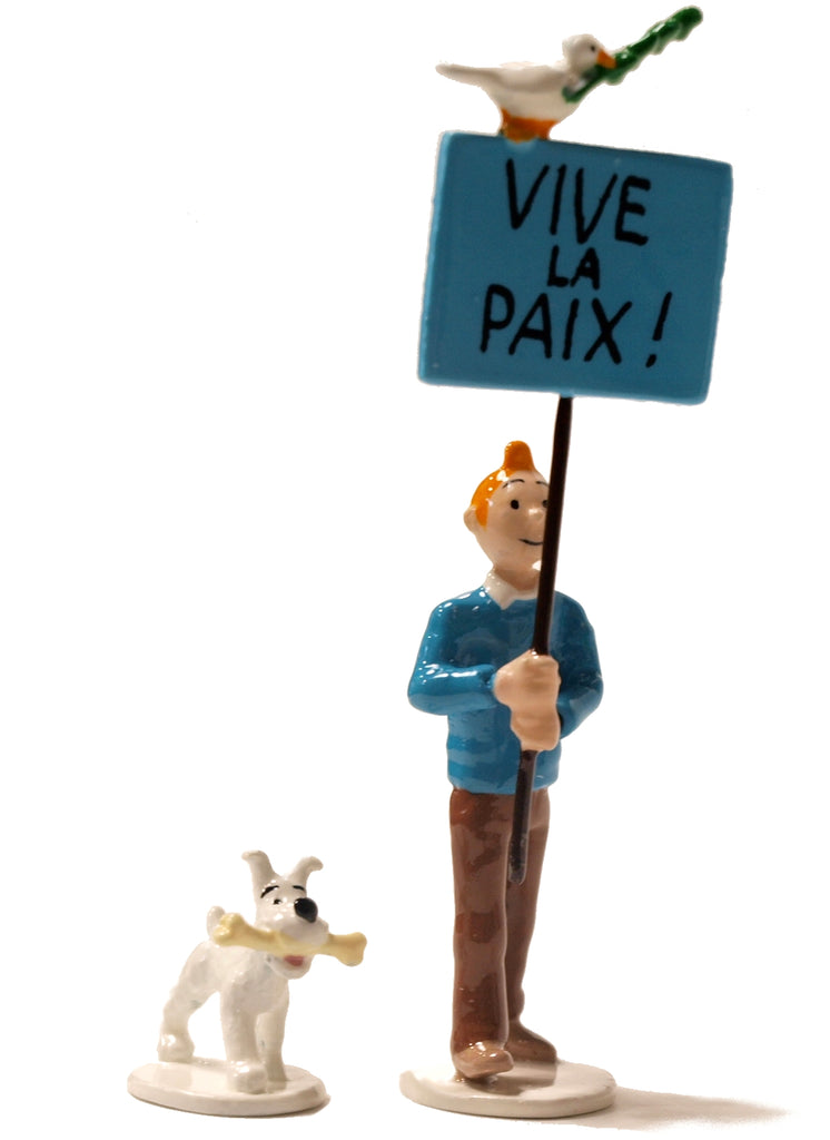 TINTIN: LA CARTE DE VOEUX 1972, TINTIN & MILOU "VIVE LA PAIX" - figurines métal