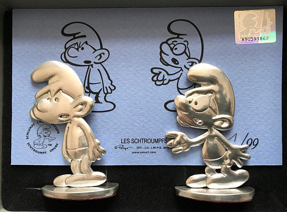LES SCHTROUMPFS: LE SCHTROUMPF A LUNETTES ET LE SCHTROUMPF GROGNON - figurines en étain 6 cm