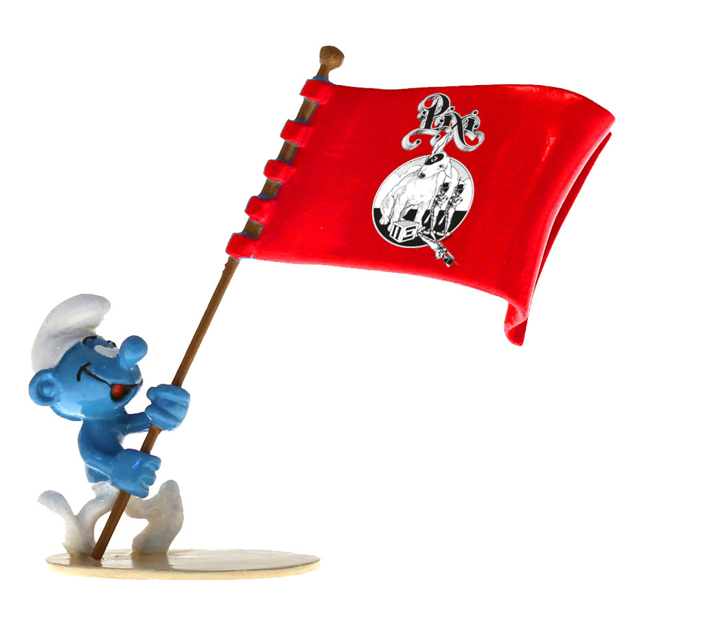 LES SCHTROUMPFS: LE SCHTROUMPF PORTE-DRAPEAU PIXI, COLLECTION ORIGINE III - figurine métal